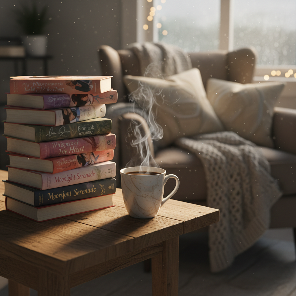 A cozy, relaxing scene with a stack of romance novels on a wooden table next to a steaming mug of coffee, soft warm lighting, blurred background, inviting reading nook atmosphere